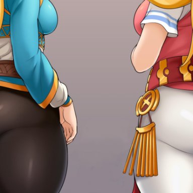 2girls, a link between worlds, ass, ass focus, back, belt, big booty, black leggings, black legwear, blonde hair, blue eyes, bracer, breasts, breath of the wild, bubble butt