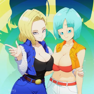 2girls, alternate version available, android 18, blonde hair, blue eyes, breast press, bulma briefs, cameltoe, cleavage, curvy, dragon ball, dragon ball z, erect nipples, female, gynoid