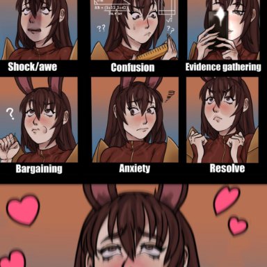 1girls, 7 stages of big dick, ahe gao, blush, brown hair, bunny ears, comic, english text, female, fucked silly, long hair, meme, oral invitation, out-of-frame censoring, penis awe