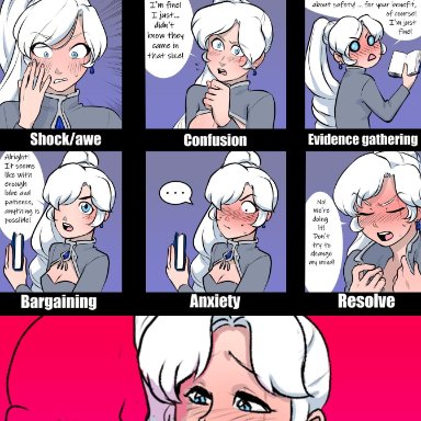 7 stages of big dick, blue eyes, blush, comic, english text, full-face blush, meme, out-of-frame censoring, penis awe, quu-art, rwby, scar, scar across eye, side ponytail, straight