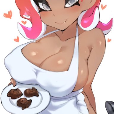 1girls, agent 8 (splatoon), apron, apron only, big breasts, breasts, cleavage, dark skin, dark-skinned female, female, female only, jtveemo, large breasts, looking at viewer, octoling
