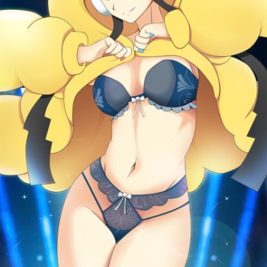 1girls, abs, alternate hair color, alternate outfit, ass, black hair, blue background, blue eyes, blue nails, bra, cleavage, coat, female, game freak, gym leader