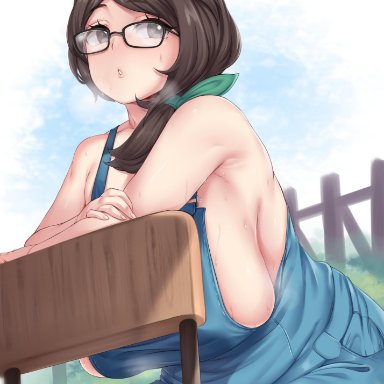 1girls, alternate breast size, armpits, ass, bare shoulders, breasts, brown eyes, brown hair, chair, cleavage, clothes, eye contact, eyelashes, female, female only