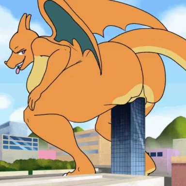 16:9, 1girls, 2020, 2d, animated, anthro, anthrofied, areola, ass, big ass, big breasts, bodily fluids, breasts, building, charizard