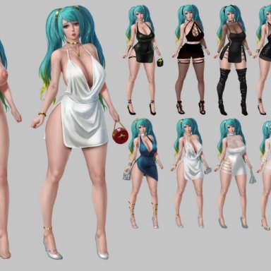 1girls, animal ears, animal tail, bag, breasts, cleft of venus, clothing, comparison, cyan eyes, cyan hair, full body, high resolution, highres, latex, league of legends