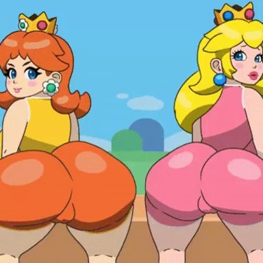 2girls, animated, ass to ass, bike shorts, blonde hair, bouncing ass, brown hair, cameltoe, crown, derpyharpy, earrings, long hair, looking back, nintendo, princess daisy