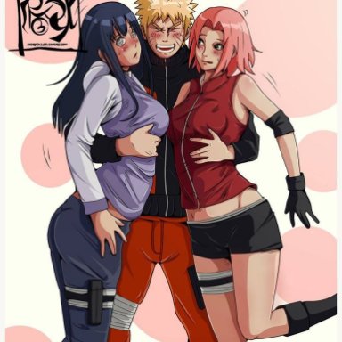 big breasts, blonde hair, hyuuga hinata, indy riquez, naruto, naruto shippuden, pink hair, sakura haruno, sharing, smile, three way, uzumaki naruto