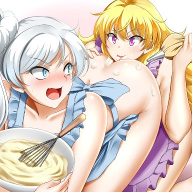 2girls, ass, big ass, blush, female, female only, kimmy77, open mouth, rwby, weiss schnee, yang xiao long, yuri