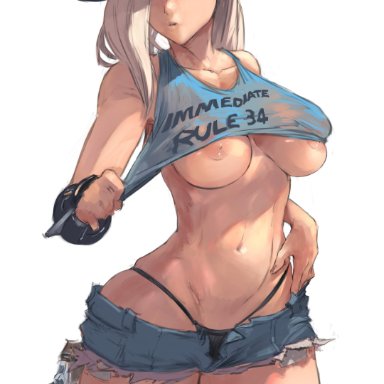 1girls, areola slip, areolae, artist name, ashe (overwatch), ass, bare shoulders, blizzard entertainment, blue shirt, breasts, clavicle, cowboy, cowboy hat, cowboy shot, crop top