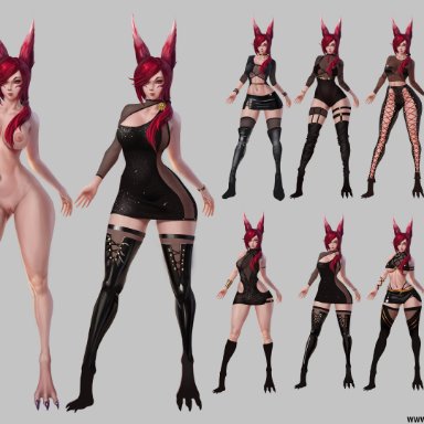 1girls, animal ears, animal tail, areolae, breasts, cleft of venus, clothing, comparison, female, female only, full body, highres, large breasts, latex, league of legends