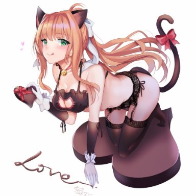 :p, 1girls, animal ears, bangs, blush, bow, bra, breasts, brown hair, cat cutout, cat ears, cat keyhole bra, cat lingerie, chocolate, cleavage