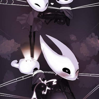 1boy, 1girls, bikupan, blush, cum, cum in pussy, cum inside, erection, female, from behind, heart-shaped pupils, hollow knight, hornet (hollow knight), huge cock, hyper bulge