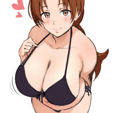 1girls, alternate breast size, alternate outfit, armpits, belly, big breasts, bikini, black bikini, blush, breasts, brown eyes, brown hair, chubby, delia ketchum, eye contact