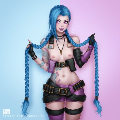 1girls, areolae, blue hair, breasts, jinx (league of legends), league of legends, licking lips, partially clothed, purple eyes, smile, solo, topless, umitaro