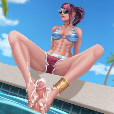 1boy, 1girls, barefoot, cum, cum on feet, dr-alu, erection, feet, fiora laurent, foot fetish, footjob, league of legends, penis, pool party fiora, swimsuit