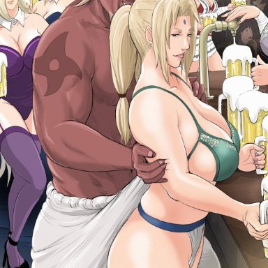 alcohol, beer, beer mug, big breasts, black hair, blonde hair, bob cut, boruto: naruto next generations, bunny ears, bunny girl, bunnysuit, dark-skinned male, drunk, high heels, huge ass