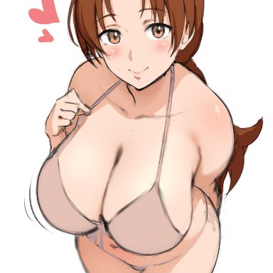 1girls, alternate breast size, alternate outfit, armpits, belly, big breasts, bikini, blush, breasts, brown eyes, brown hair, chubby, delia ketchum, eye contact, female