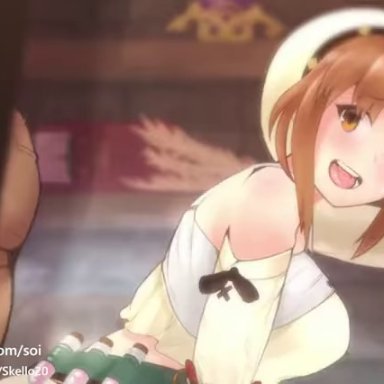 1boy, 1girls, against wall, animated, ass, atelier (series), atelier ryza, blush, bouncing breasts, breasts outside, brown hair, cum, cum in pussy, cum inside, eyes closed