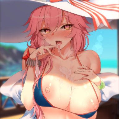 absurdres, animal ears, bare shoulders, bikini, blue bikini, blue sky, blurry, blurry background, blush, breasts, breasts outside, brown eyes, collarbone, condom, cum