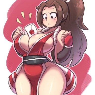 big breasts, dress, envelope, king of fighters, looking at self, mai shiranui, object between breasts, ponytail, secretly saucy, thick thighs