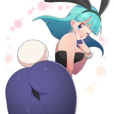 ass, ass focus, blue eyes, blue hair, breasts, bulma briefs, bunny ears, bunny girl, bunny tail, bunnysuit, butt focus, dragon ball z, female, finger to lips, finger to mouth