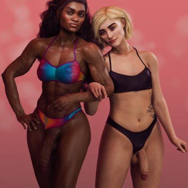 2futas, big breasts, big penis, breasts, cleavage, dark skin, dark-skinned futanari, dickgirl, futa only, futanari, large breasts, looking at viewer, penis, sfmporn (artist)