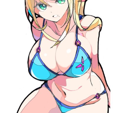 1girls, bikini, blonde hair, breasts, cleavage, enpe, female, green eyes, long hair, looking at viewer, metroid, navel, nintendo, ponytail, samus aran