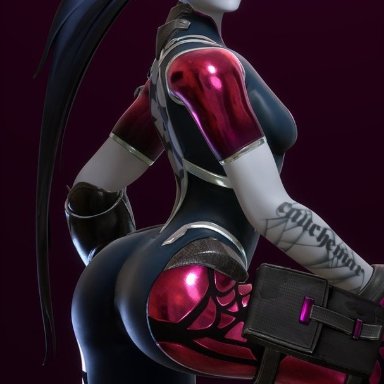 1girls, 3d, ass, big ass, black hair, breasts, female, female only, latex, long hair, looking at viewer, mavixtious, overwatch, purple eyes, purple lipstick