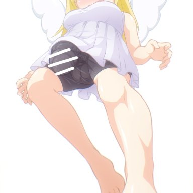 big penis, blonde hair, blue eyes, blush, broken halo, bulge, censor bar, censored, censored penis, crimvael, feet, flying, futa, futanari, getting erect