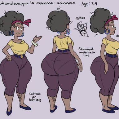 afro, big breasts, black hair, dark-skinned female, earrings, headband, huge ass, large ass, milf, model sheet, mole, panties visible through clothing, reference image, rotation, tagme