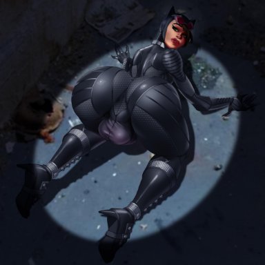 1futa, ass, balls, batman (series), bulge, catwoman, dc, dickgirl, futanari, huge ass, looking at viewer, looking back, selina kyle, smutbrush, solo