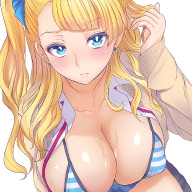 1girls, bangs, bikini, blonde hair, blue bikini, blue eyes, blush, breasts, bright pupils, cleavage, female, galko, hair bun, high resolution, large breasts