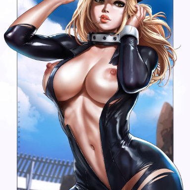 1girls, abs, adjusting clothes, adjusting hat, areolae, arms up, artist name, black bodysuit, blonde hair, bodysuit, border, breasts, camie utsushimi, cloud, cowboy shot