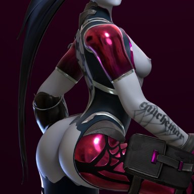 1girls, 3d, alternate costume, areolae, ass, big ass, black hair, blender, breasts, female, female only, latex, long hair, looking at viewer, looking back