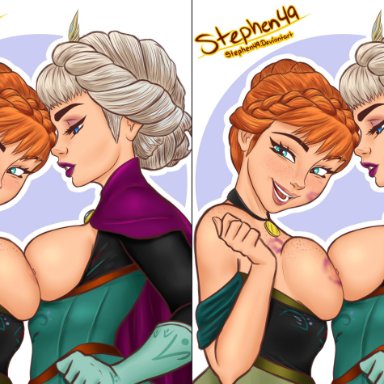 2girls, anna (frozen), areolae, athletic, big breasts, blonde hair, blue eyes, breast press, breasts, breasts outside, busty, cape, curvaceous, curvy, disney