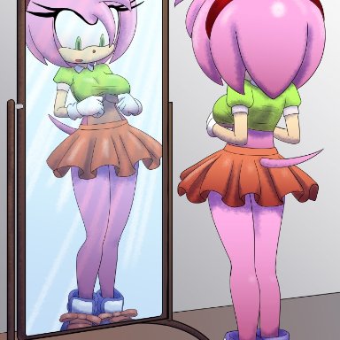 1girls, amy rose, anthro, breasts, female, female only, green shirt, skirt, small shirt, solo, sonic (series), underboob