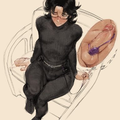 1boy, 2020, absurd res, absurdres, balls, belt, black clothing, black hair, black legwear, black pants, black sweater, blush, boots, chair, circumcised