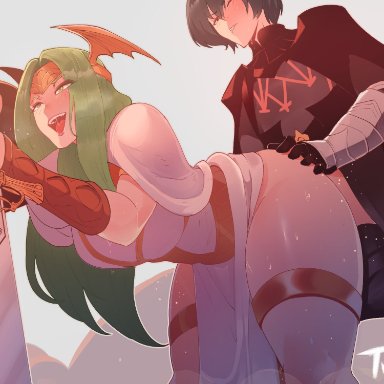ambiguous penetration, arm guards, armor, ass grab, bent over, black gloves, blue hair, blush, breasts, breasts outside, byleth (fire emblem), byleth (fire emblem) (male), cape, clenched teeth, doggy style