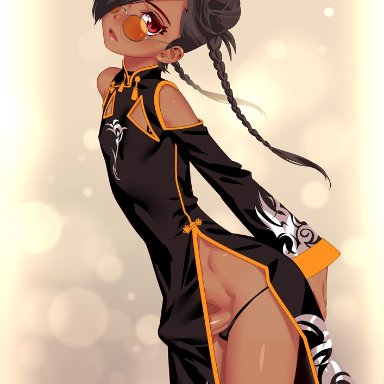 1boy, balls, balls in panties, bare shoulders, black hair, black panties, bottomless, braid, braids, china dress, chinese clothes, crossdressing, dark skin, double bun, dress