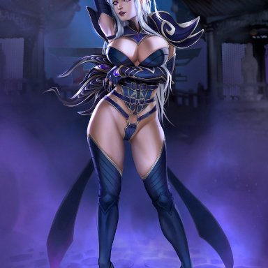 1girls, big breasts, breasts, cleavage, evasolo, female, female only, large breasts, league of legends, looking at viewer, solo, syndra, thighhighs