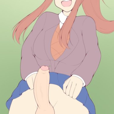 bow, brown hair, commission, ddlc, dickgirl, doki doki literature club, flat colors, futanari, green eyes, monika (doki doki literature club), ponytail, school uniform, schoolgirl, skirt, skirt lift