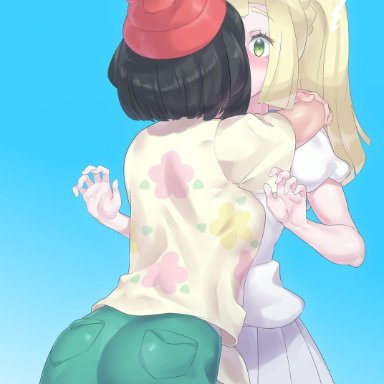 2girls, alternate breast size, alternate outfit, ass, blue background, blush, breasts, clothes, evuoaniramu, female, female only, hat, human, humans of pokemon, kissing