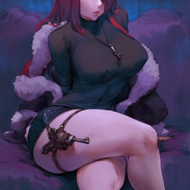 1girls, angry face, artist name, black skirt, black sweater, bra, breasts, collared shirt, cross, crossed legs, curvaceous, cutesexyrobutts, erect nipples, female, female focus