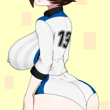 1girl, 2019, alternate breast size, alternate outfit, ass, athletic, big ass, big breasts, blush, booty shorts, breasts, brown eyes, brown hair, brunette, busty