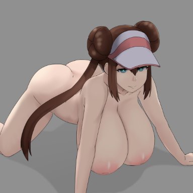 1girls, all fours, alternate breast size, areolae, ass, blue eyes, breasts, brown hair, cleavage, double bun, eye contact, female, female only, grey background, half-closed eyes