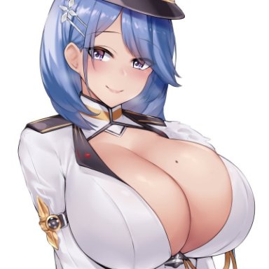 azur lane, blue hair, blush, cleavage, female, hair ornament, hat, huge breasts, kuavera, looking at viewer, lunar, purple eyes, short hair, uniform