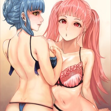 blue hair, fire emblem, fire emblem: three houses, hilda (fire emblem), hilda valentine goneril, marianne (fire emblem), marianne von edmund, panties, pink eyes, pink hair, t-back, underwear, unhooked bra