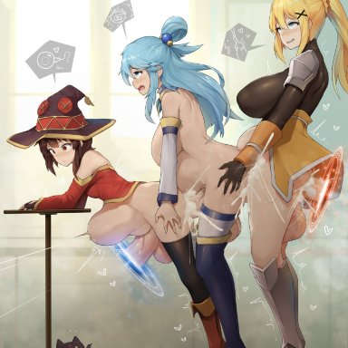 3futas, aqua (konosuba), breasts, chomusuke, cleavage, cum, cum explosion, cum inside, darkness (konosuba), dickgirl, erection, from behind, futa on futa, futa only, futanari