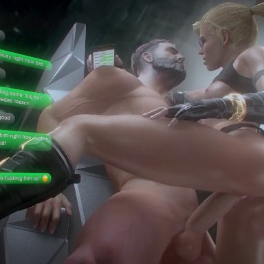 1boy, 1girls, 3d, animated, areolae, ass, audiodude, bare legs, big breasts, big penis, blonde hair, boots, bottomless, bouncing breasts, breasts