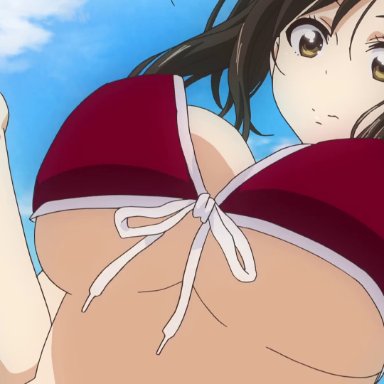 1girl, animated, areolae, bikini top, breasts outside, brown hair, kojima kana (nande koko ni sensei ga!?), large breasts, nande koko ni sensei ga!?, nipples, outdoor, short hair, sound, surprised expression, webm